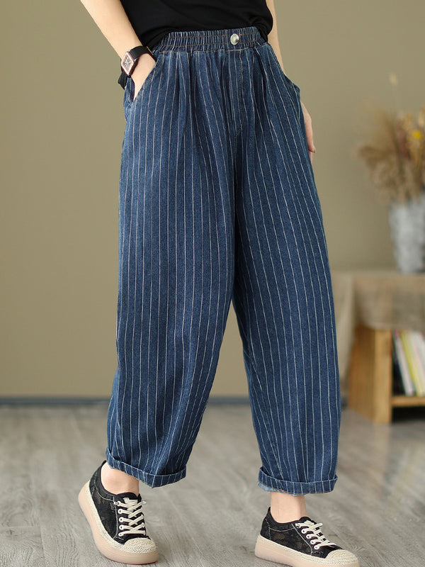 Vertical striped denim oversized pants