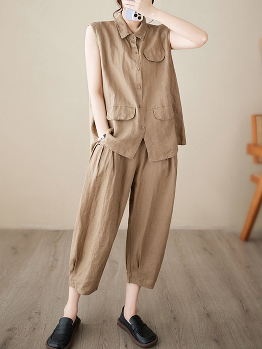 Sleeveless shirt solid color loose set