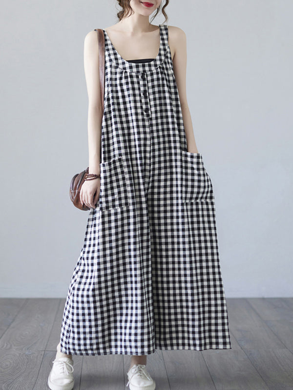 Checkered back strap pocket loose Jumpsuits