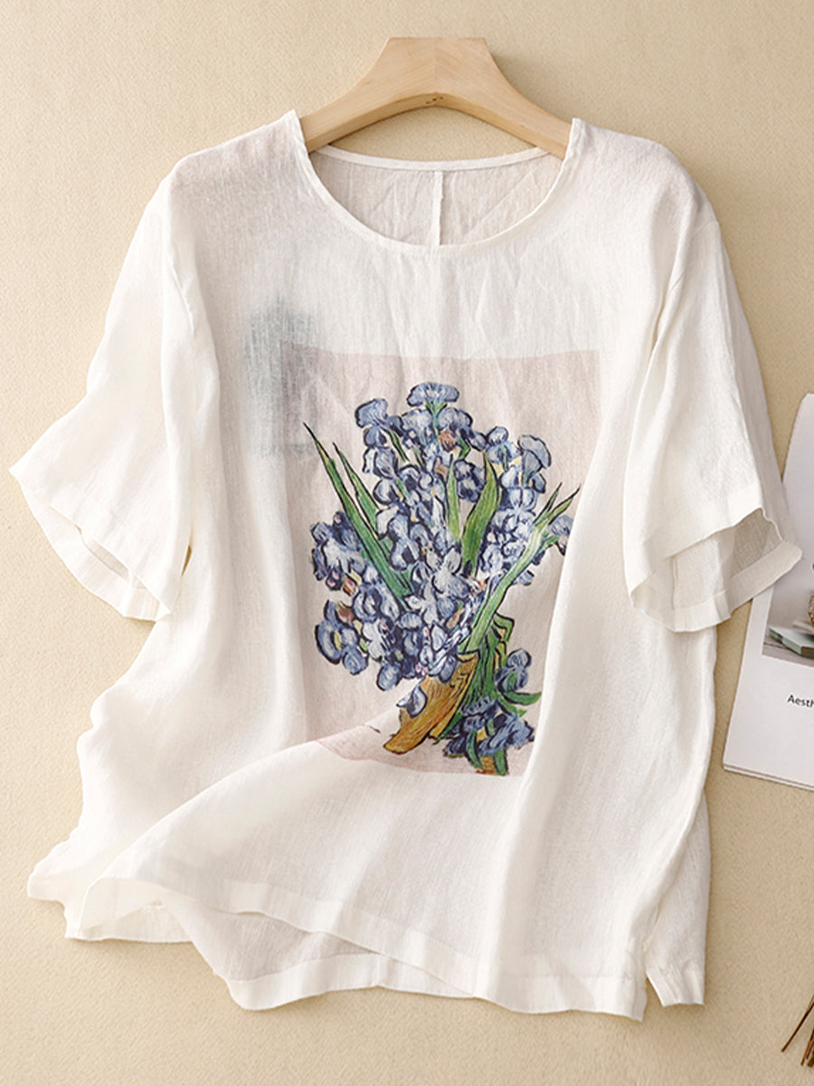 Cotton and linen short sleeved T-shirt