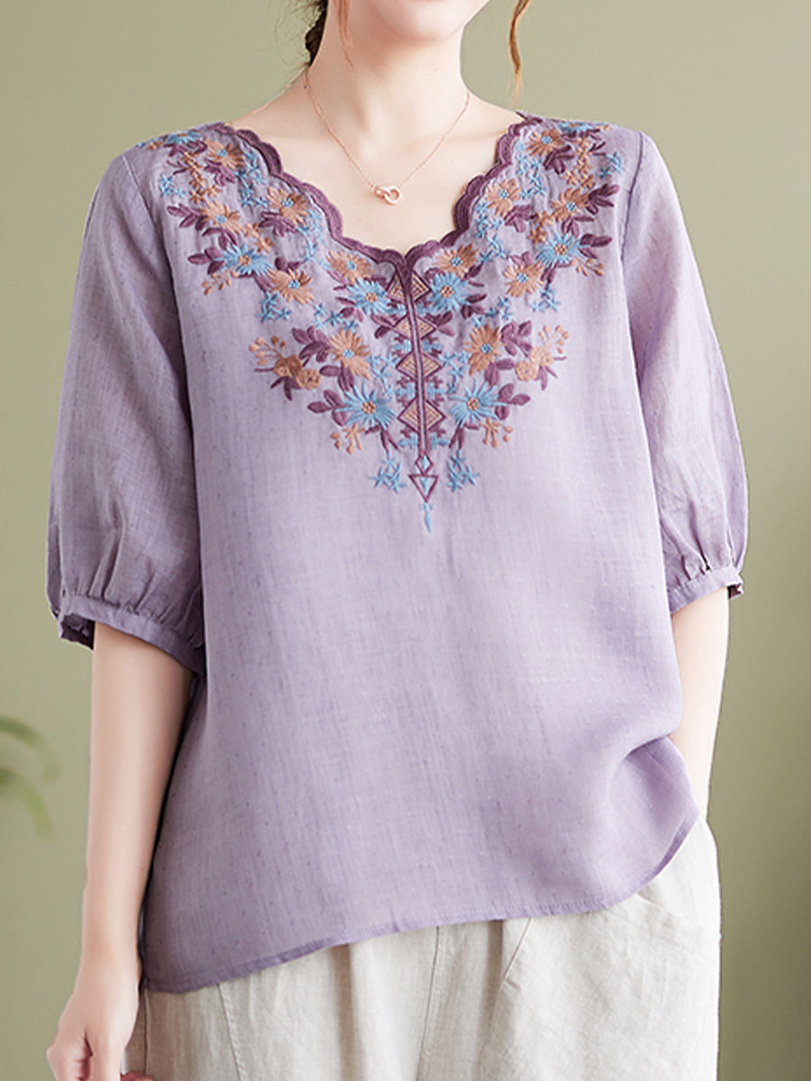 Vintage V-neck embroidered top