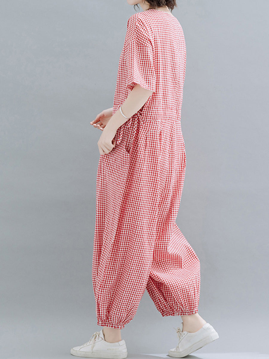 Casual checked short sleeved jumpsuit