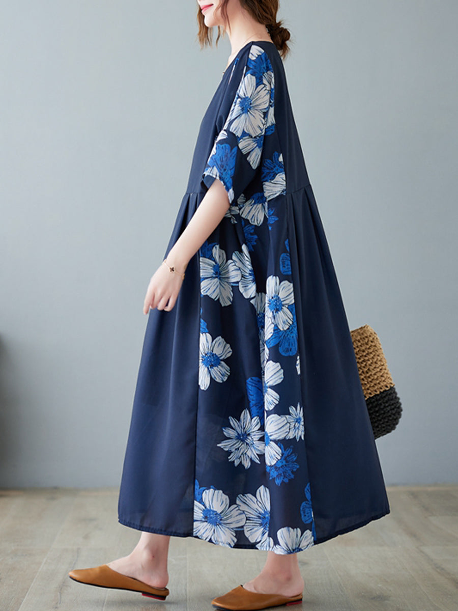 Spliced Dark Blue Flower Skirt