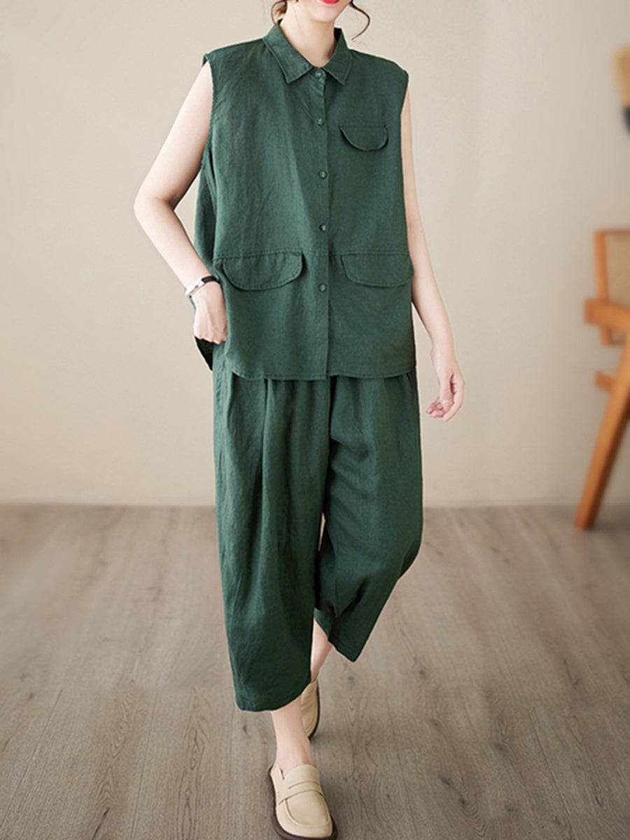 Sleeveless shirt solid color loose set