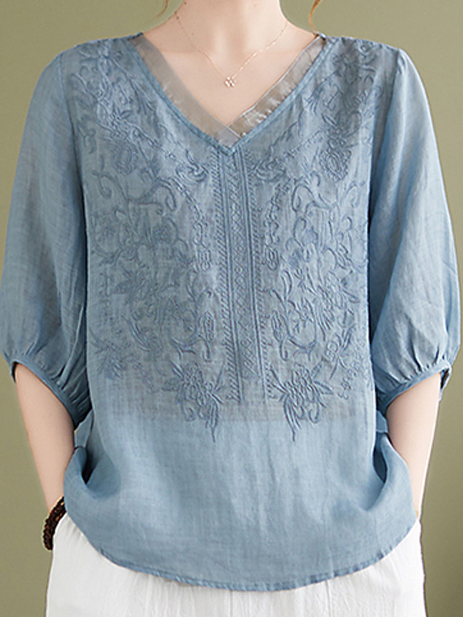 Embroidered V-neck top