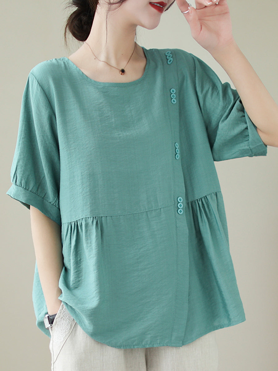 Round neck diagonal button shirt