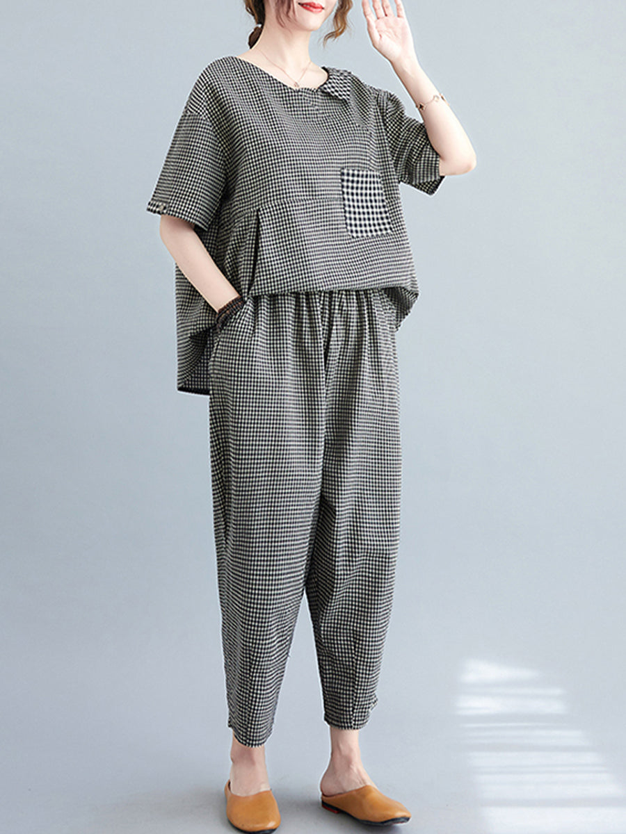 Plaid printed asymmetric loose set