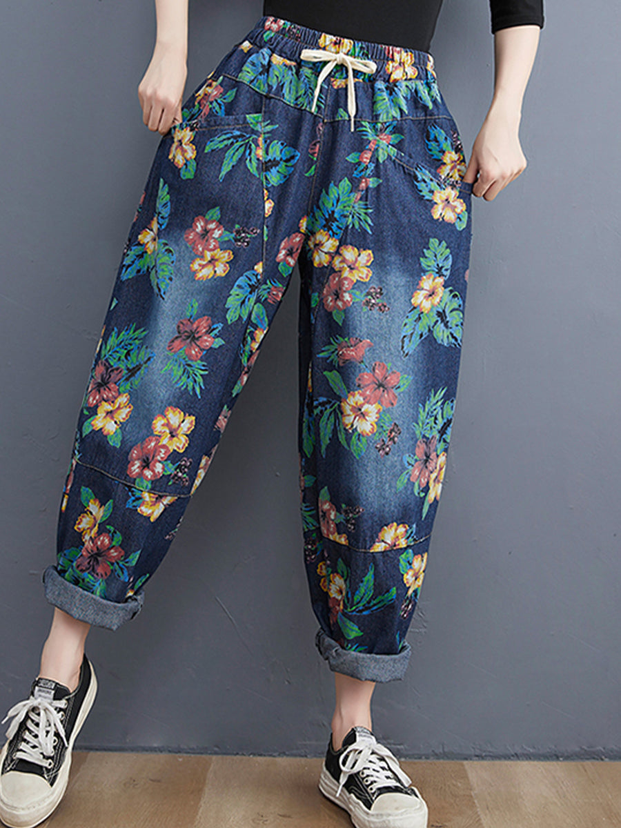 Vintage printed large pocket jeans pant