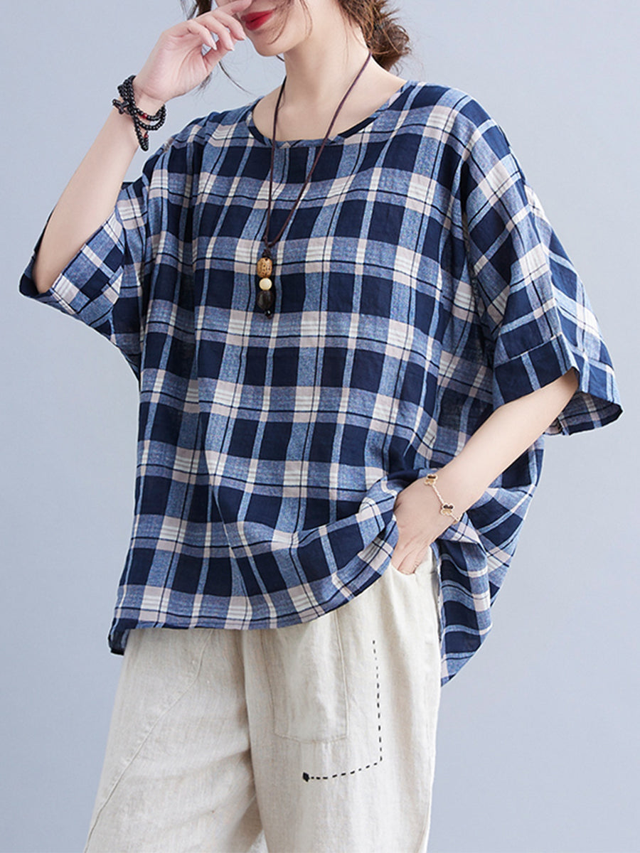 Checkered round neck oversized shirt