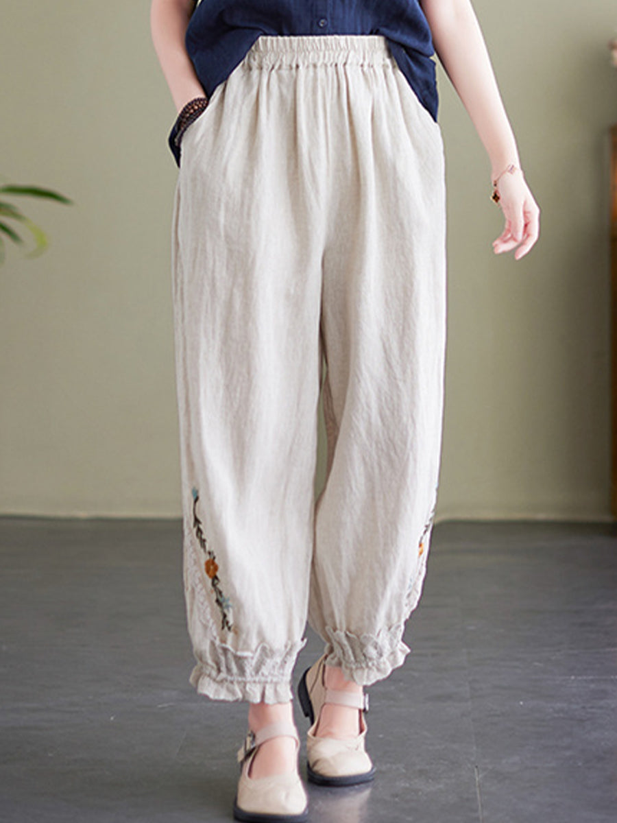 Embroidered cotton and linen cropped pants