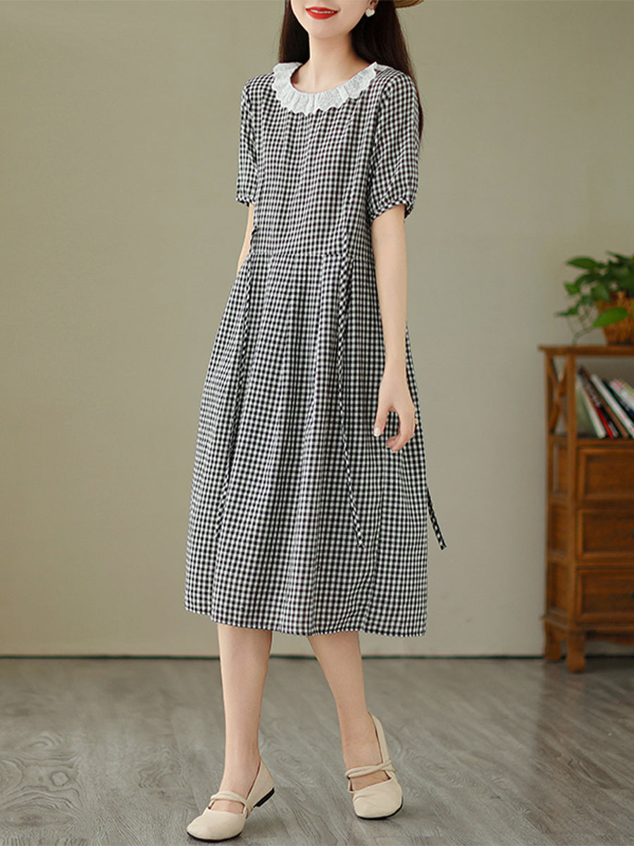 Doll neck small plaid dress