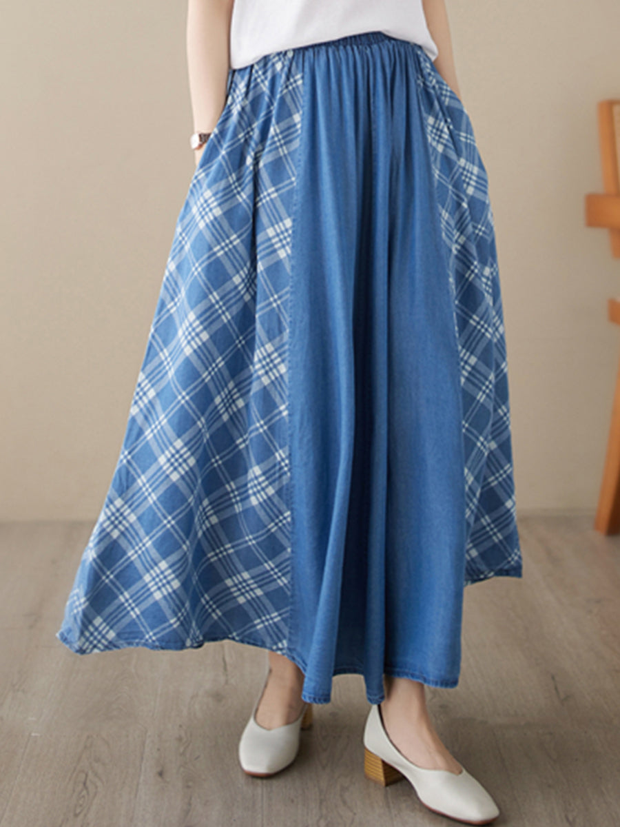 Plaid patchwork denim skirt