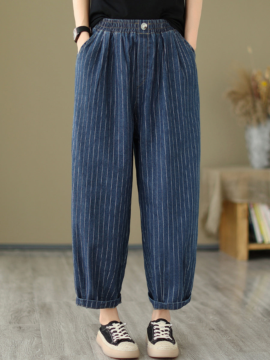 Vertical striped denim oversized pants