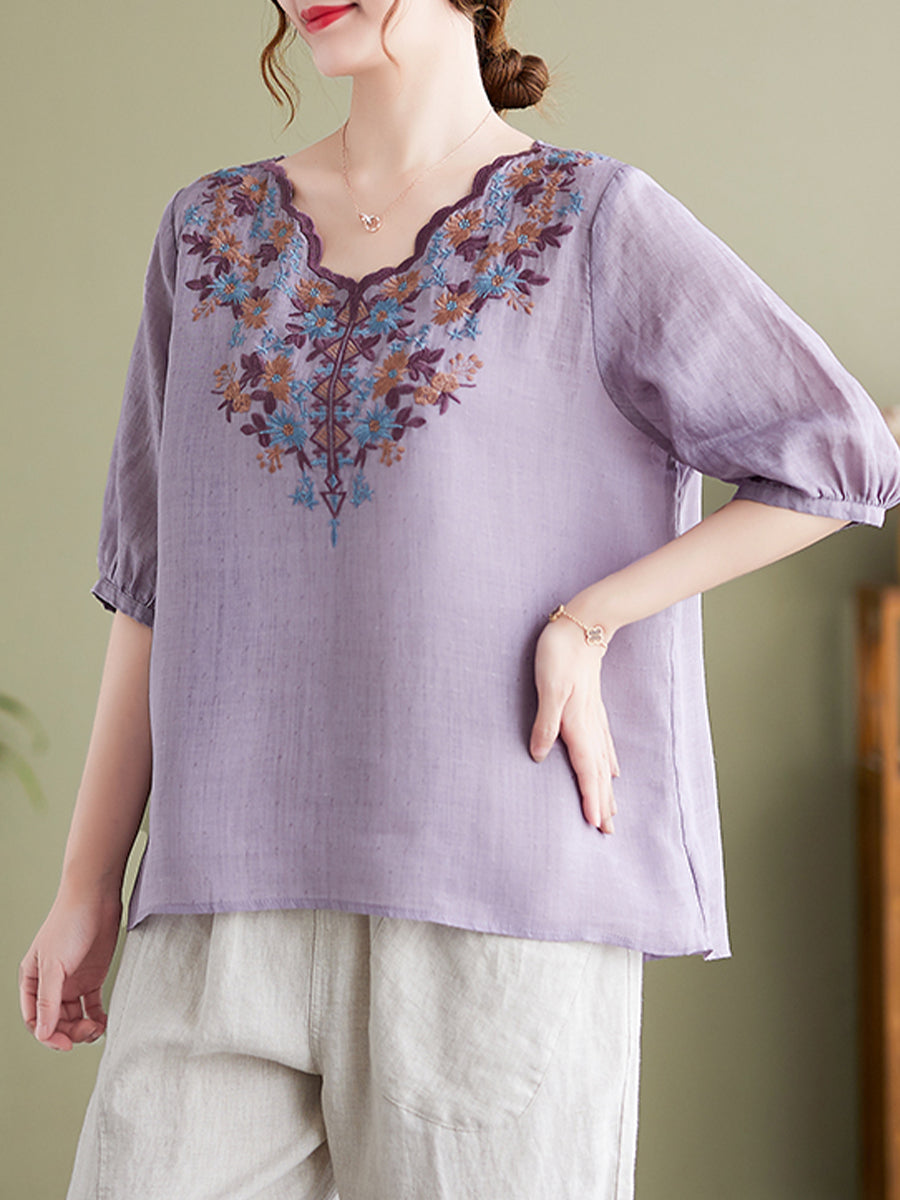 Vintage V-neck embroidered top