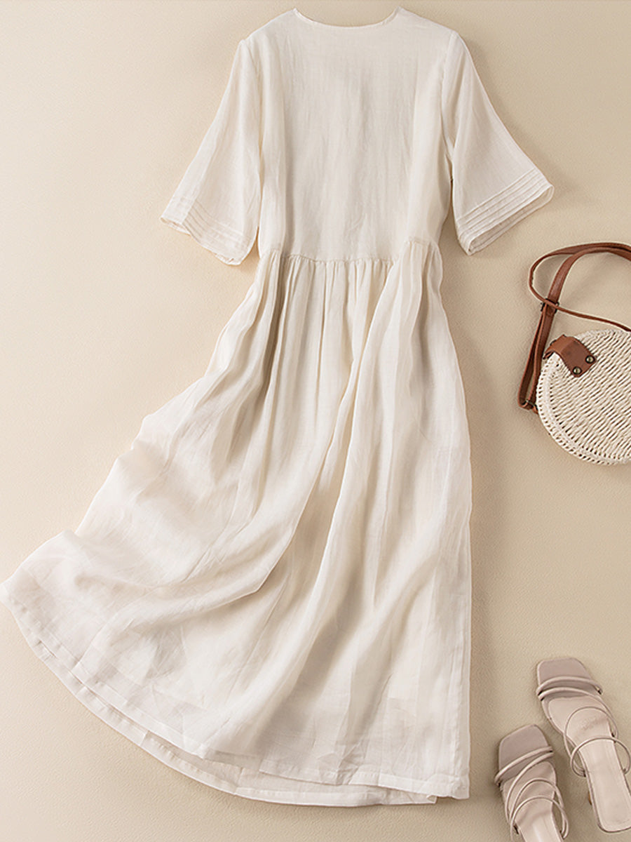 V-neck embroidered solid color dress