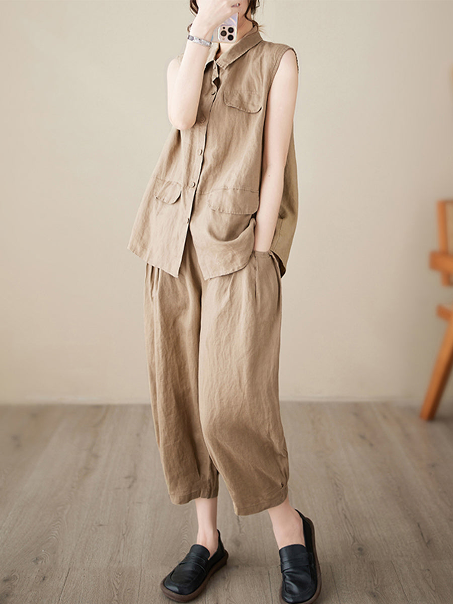 Sleeveless shirt solid color loose set