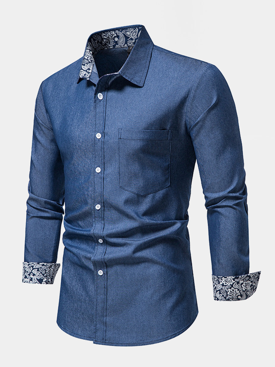 Chemise à manches longues en denim Paisley pour hommes