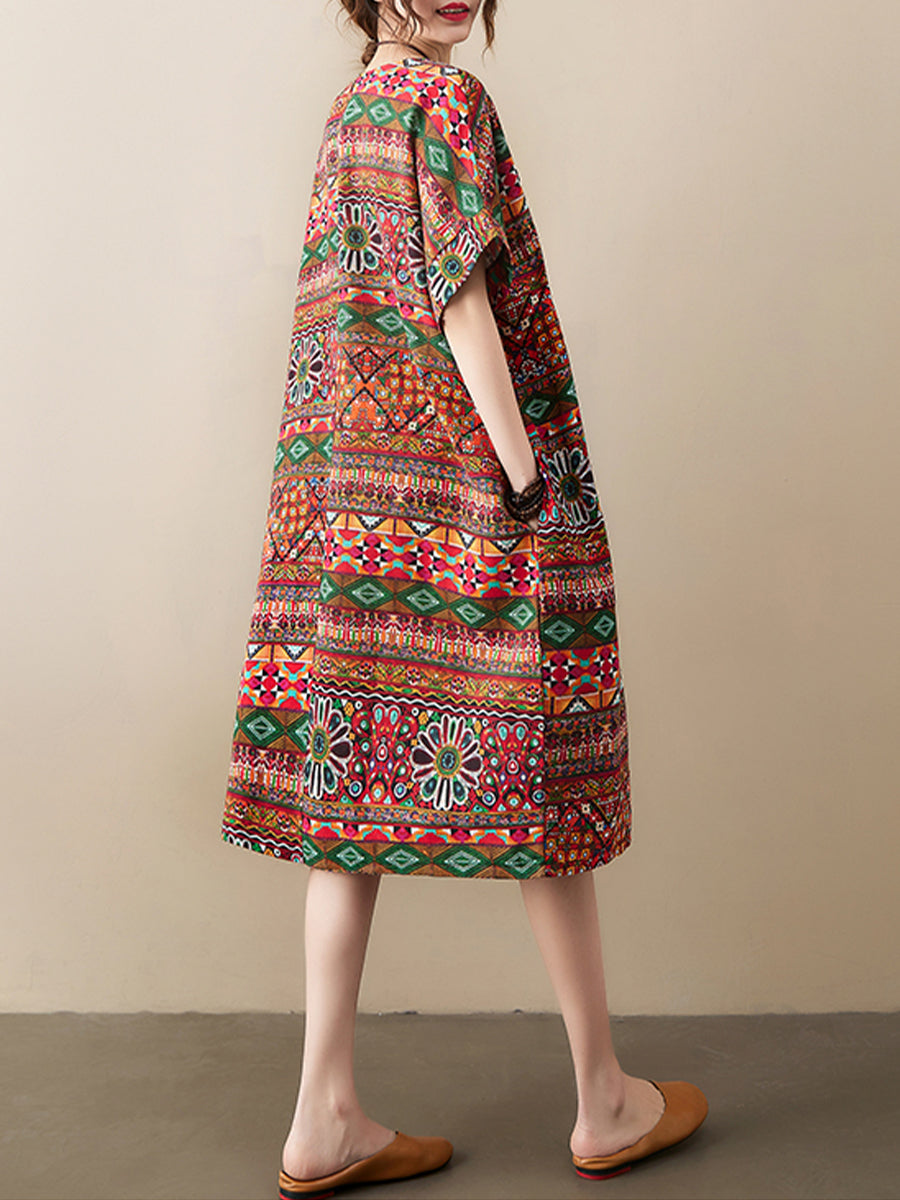 Cotton and linen ethnic style printed Dress