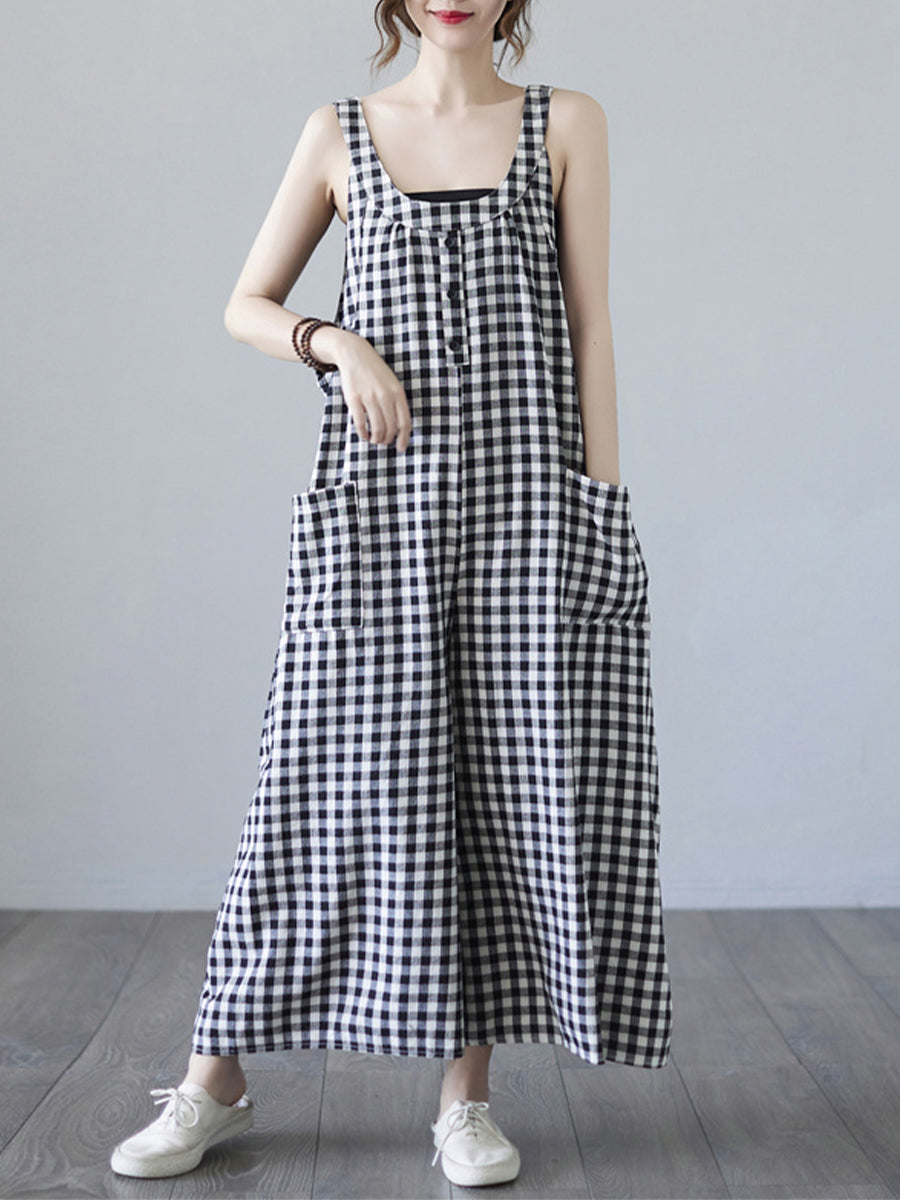 Checkered back strap pocket loose Jumpsuits