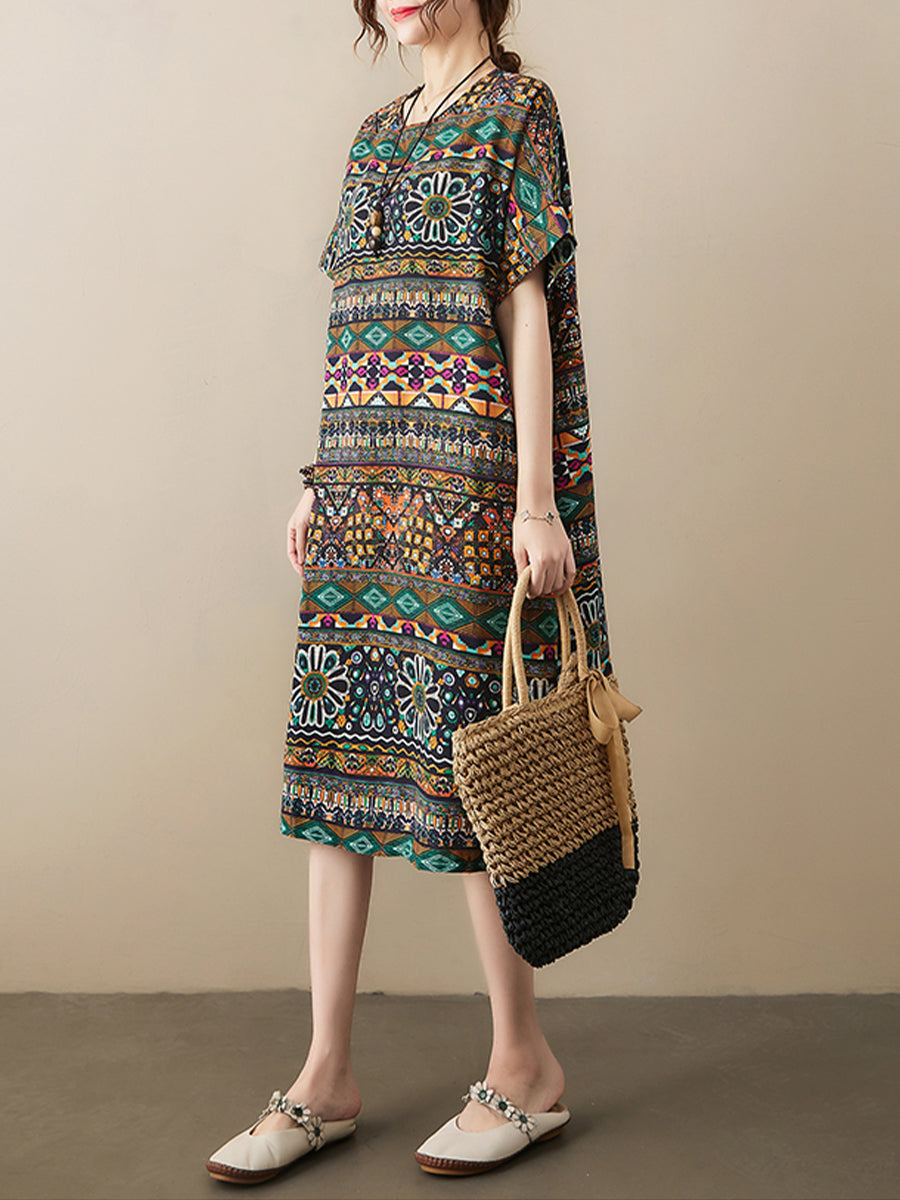 Cotton and linen ethnic style printed Dress