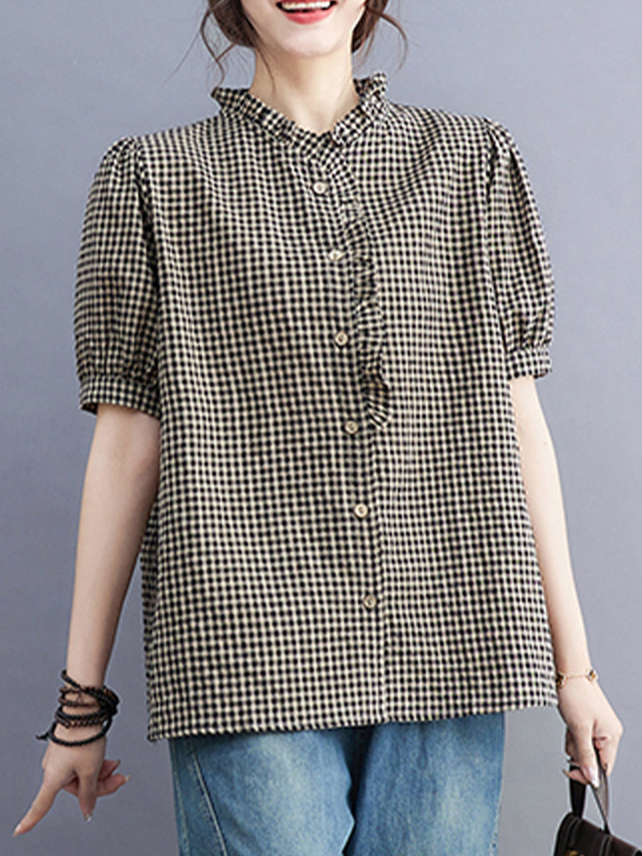 Small plaid lace collar shirt