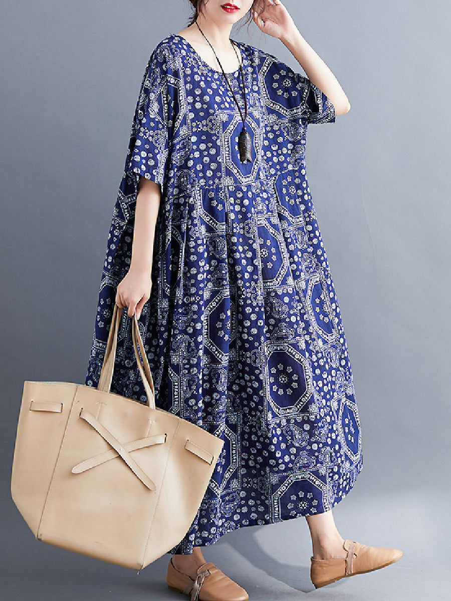 Artistic printed sleeve cotton linen Dress