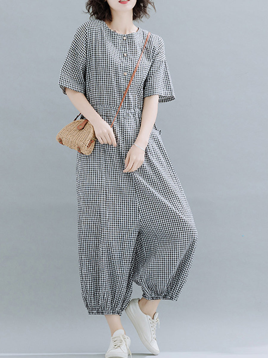 Casual checked short sleeved jumpsuit