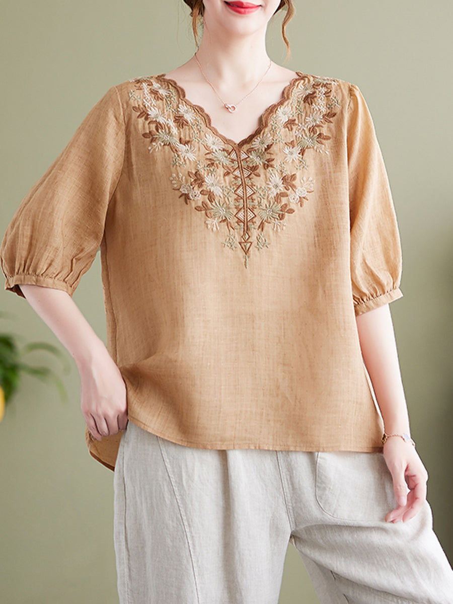 Vintage V-neck embroidered top