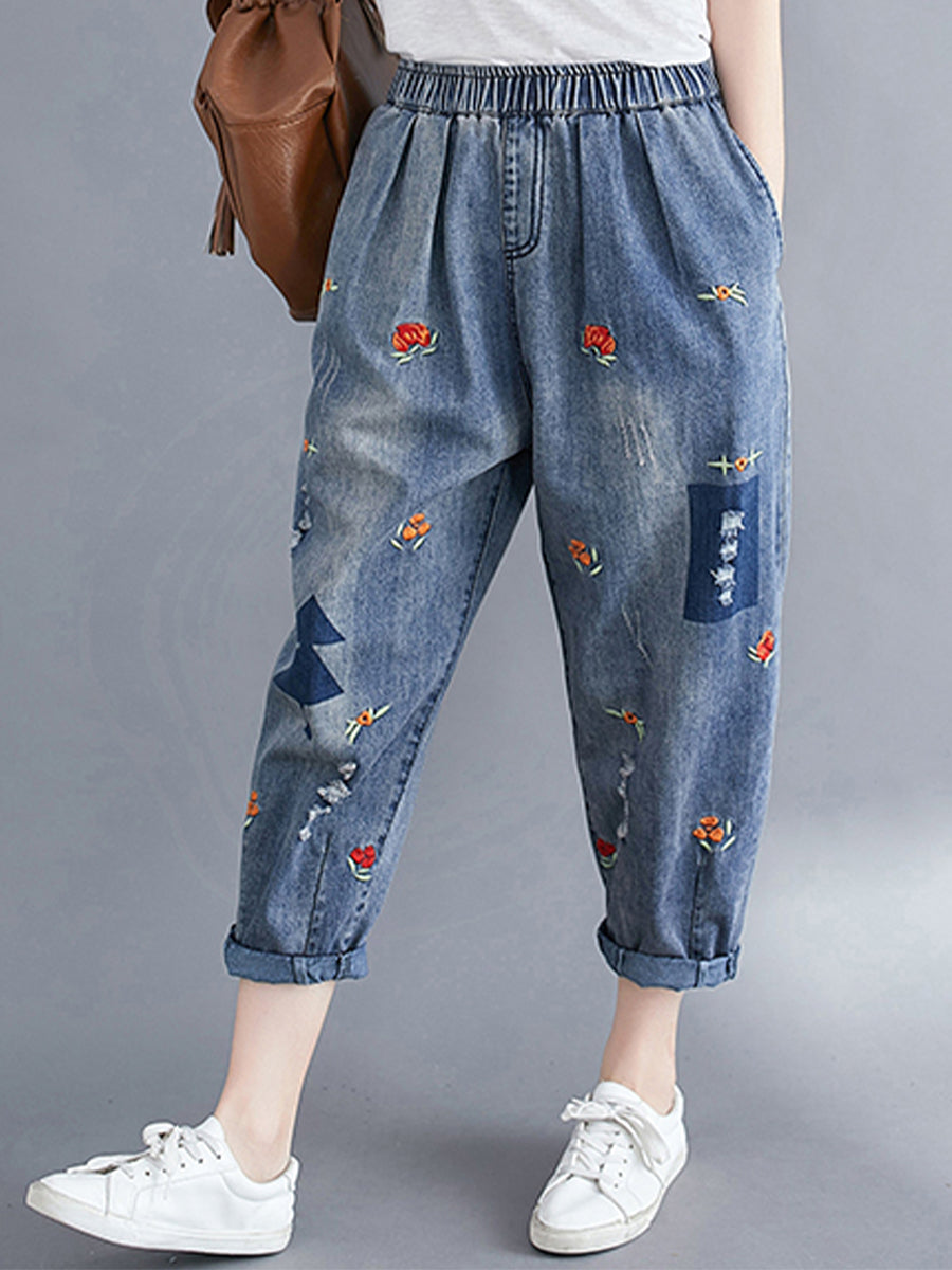 Embroidered torn jeans pant