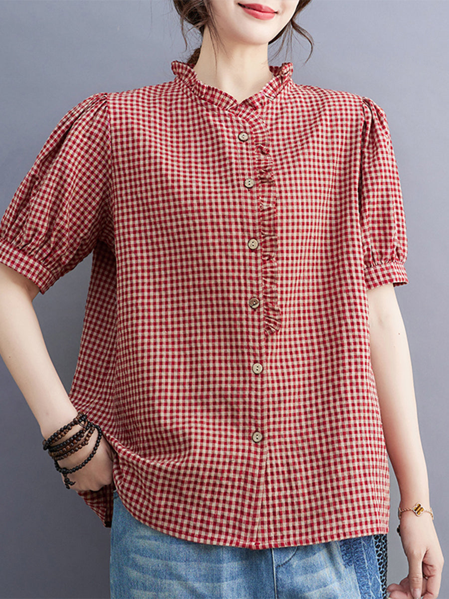 Small plaid lace collar shirt