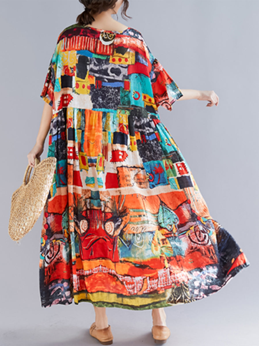 Art printed cotton and linen dress