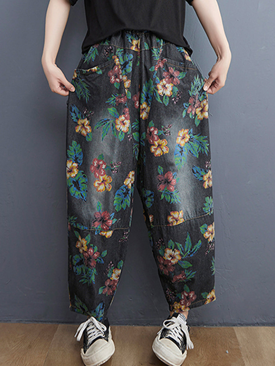 Vintage printed large pocket jeans pant