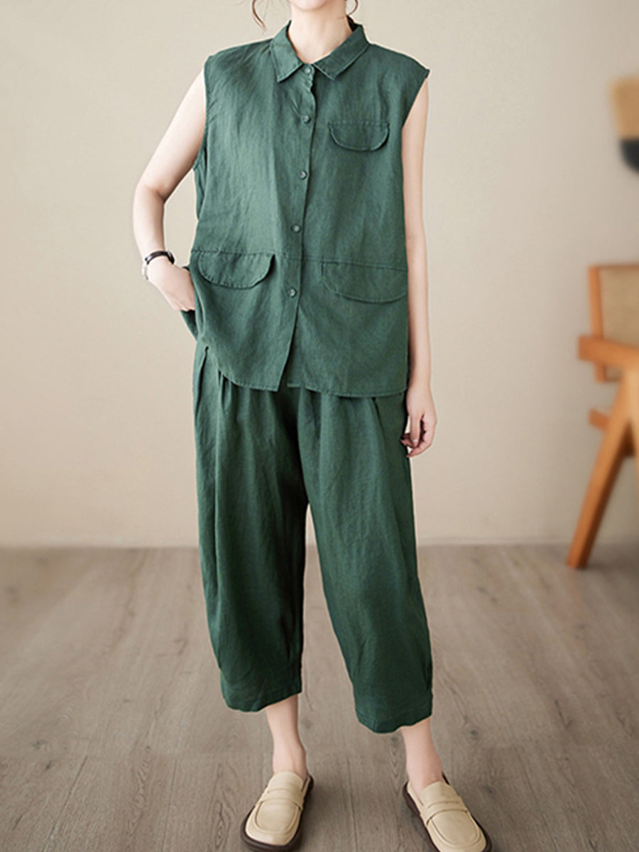 Sleeveless shirt solid color loose set