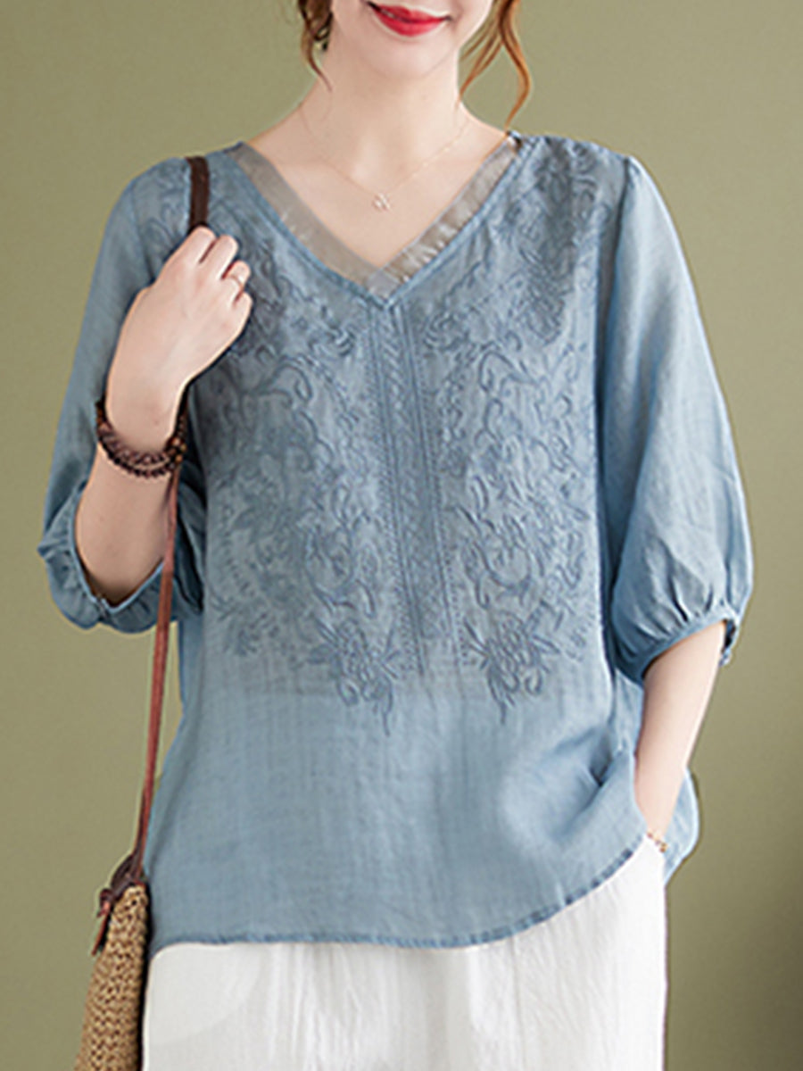 Embroidered V-neck top