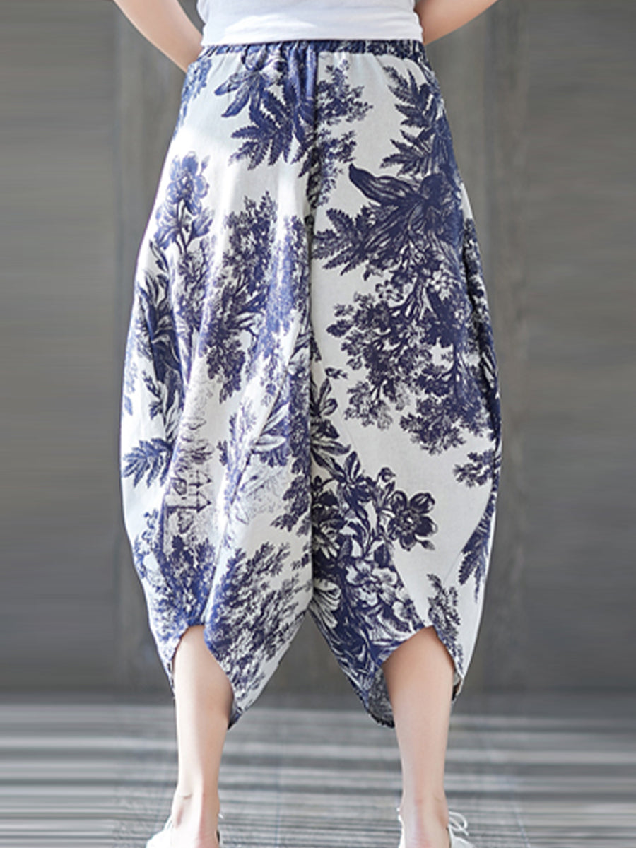 Cotton and linen retro printed pant