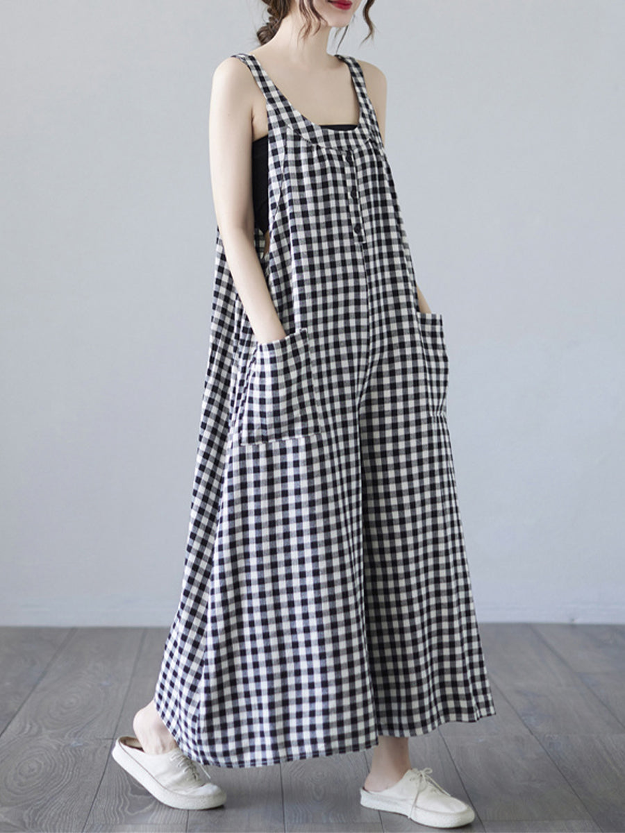 Checkered back strap pocket loose Jumpsuits