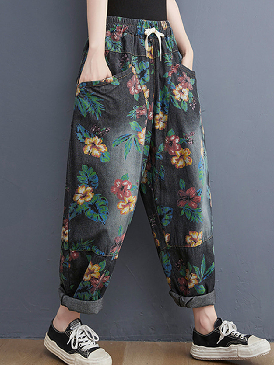 Vintage printed large pocket jeans pant