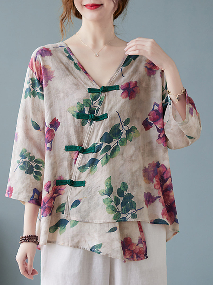 Diagonal button floral printed shirt