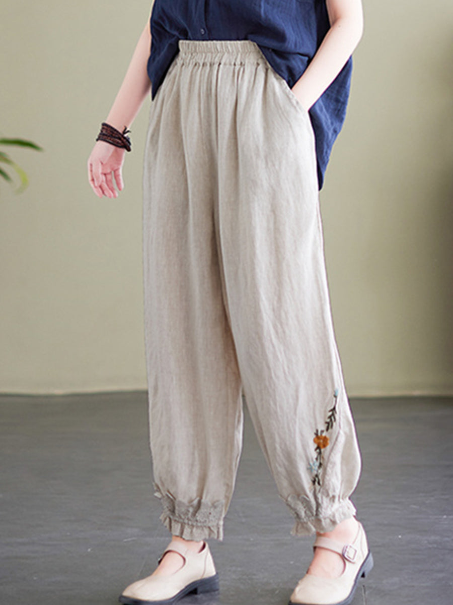 Embroidered cotton and linen cropped pants