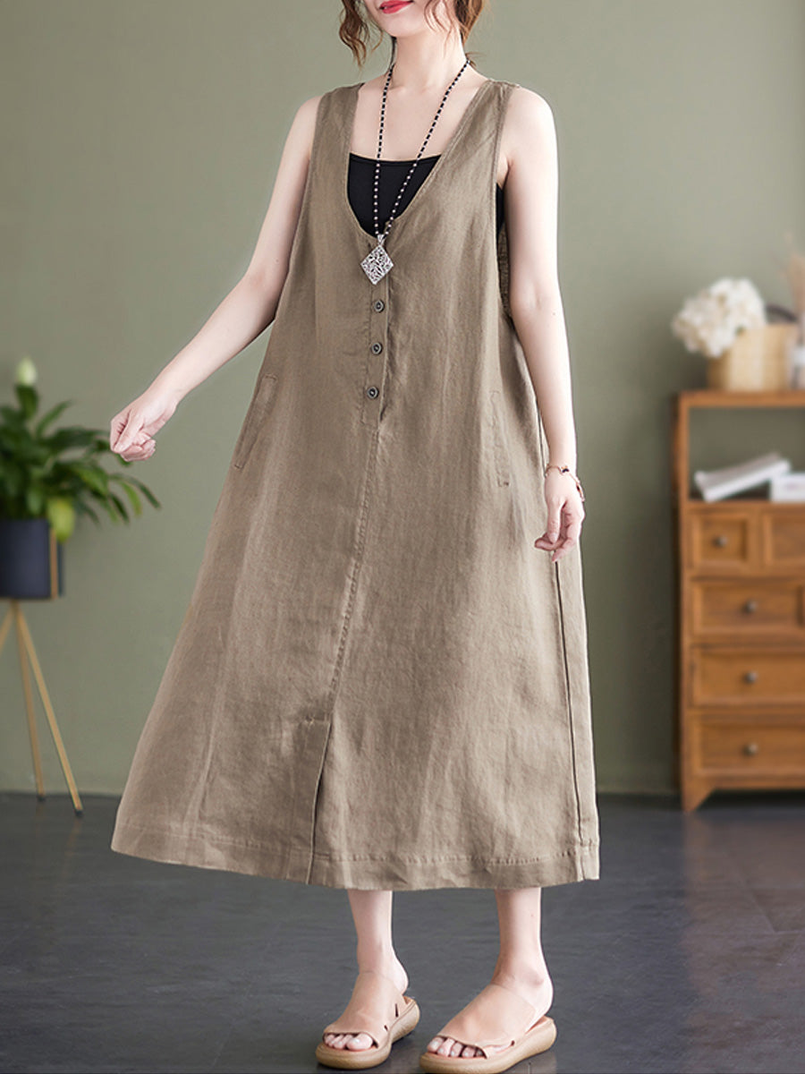 Cotton and linen V-neck sleeveless dress