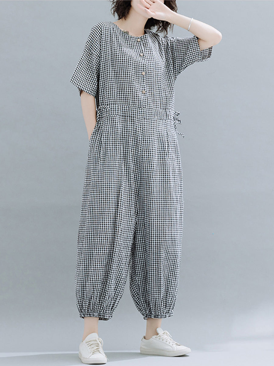 Casual checked short sleeved jumpsuit