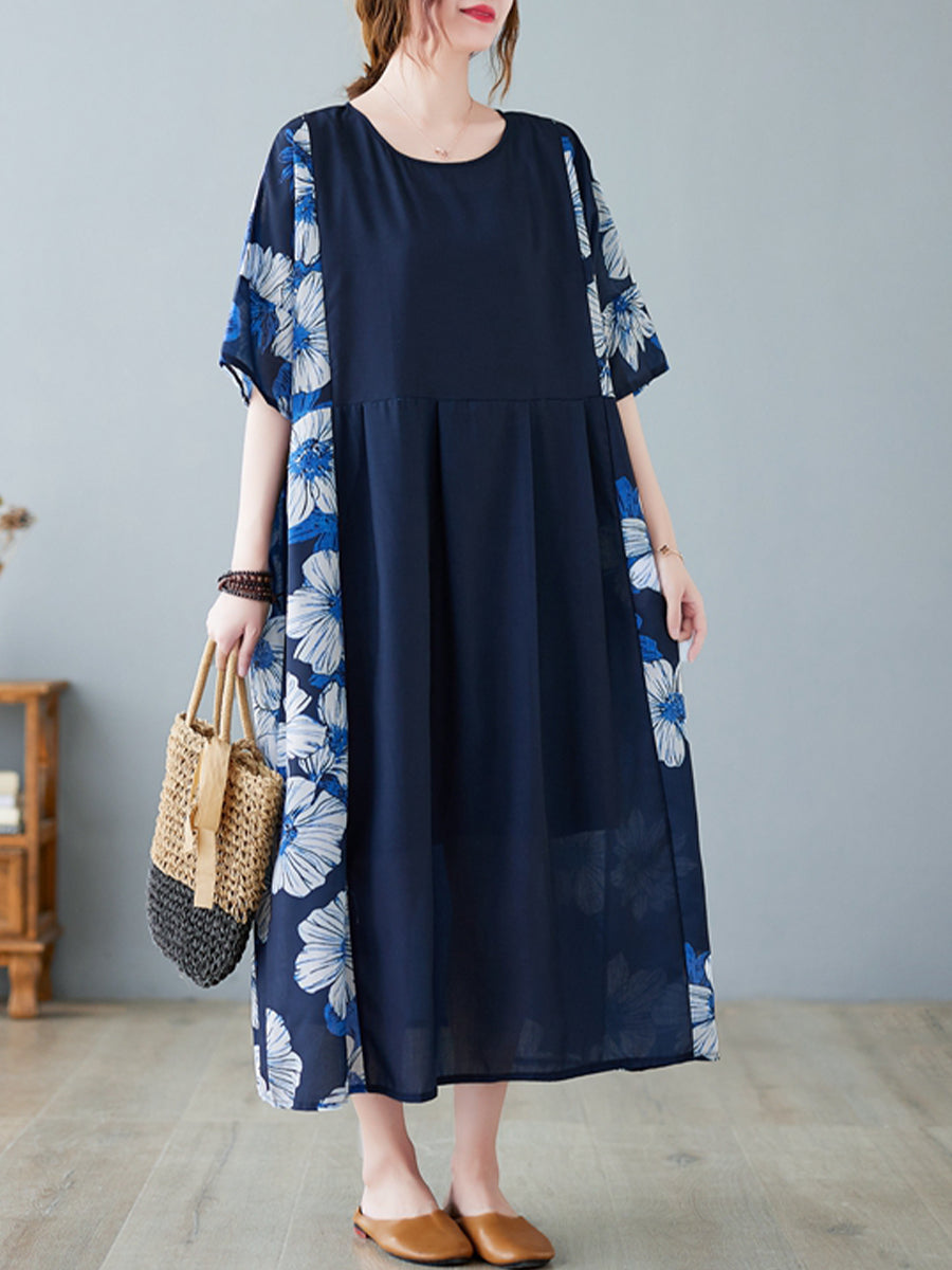 Spliced Dark Blue Flower Skirt