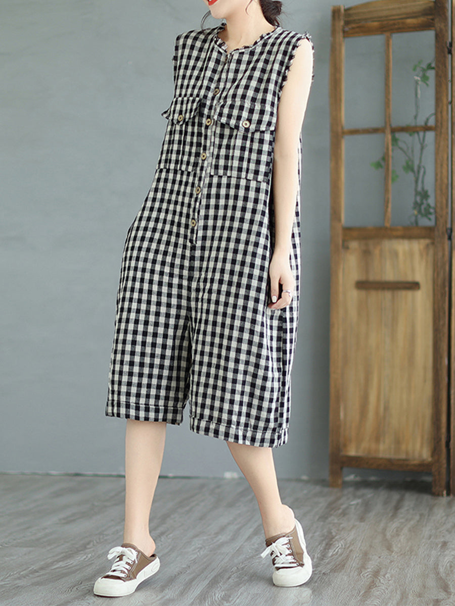 Cotton and linen plaid casual loose Jumpsuit