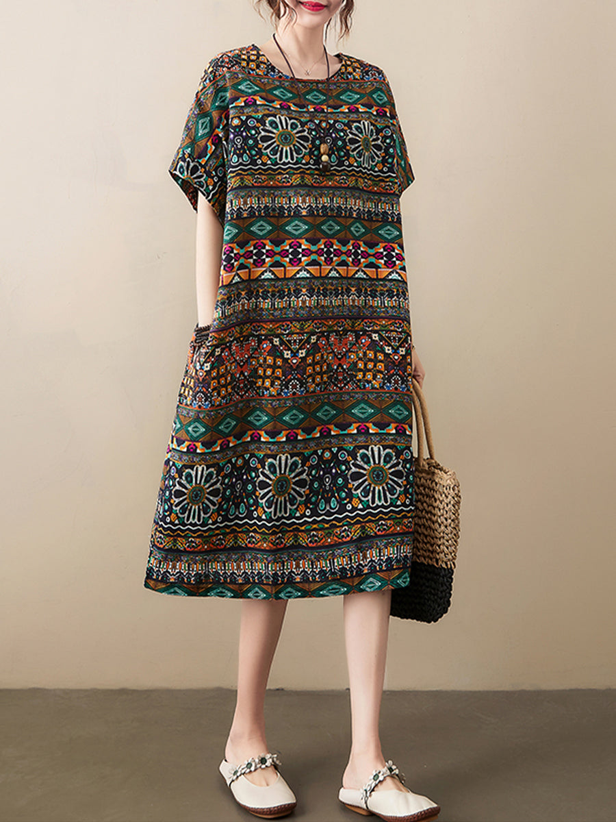 Cotton and linen ethnic style printed Dress