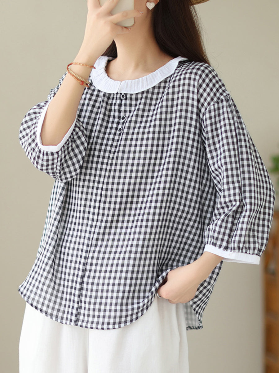 Small plaid round neck shirt