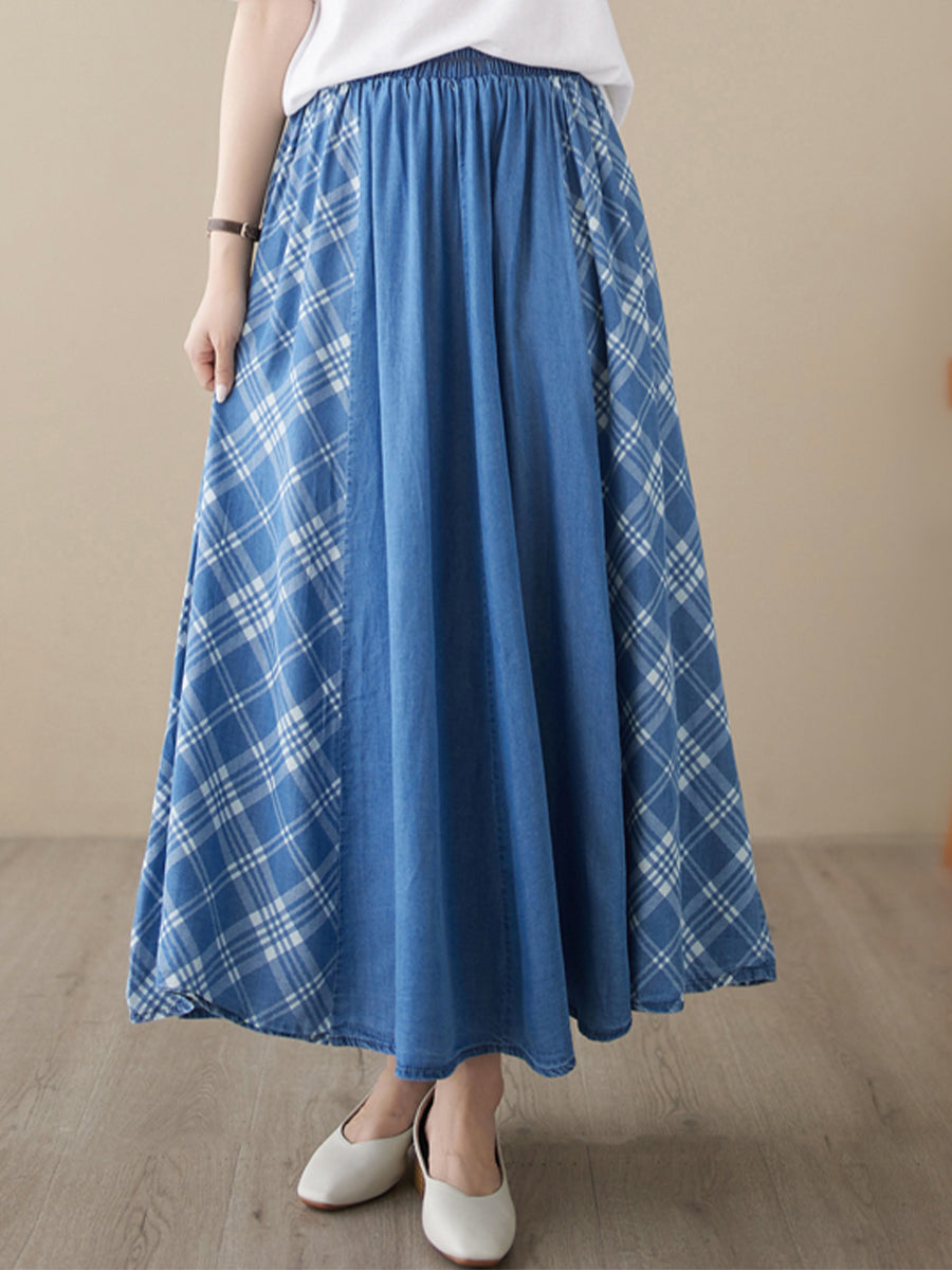 Plaid patchwork denim skirt