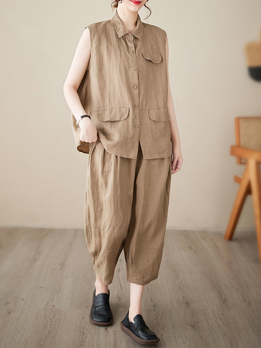 Sleeveless shirt solid color loose set