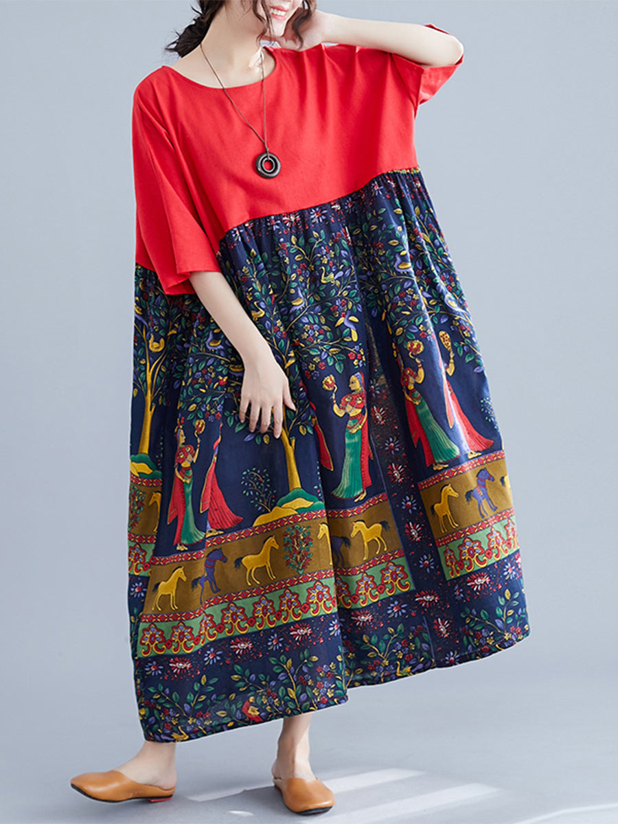 Ethnic style printed patchwork dress