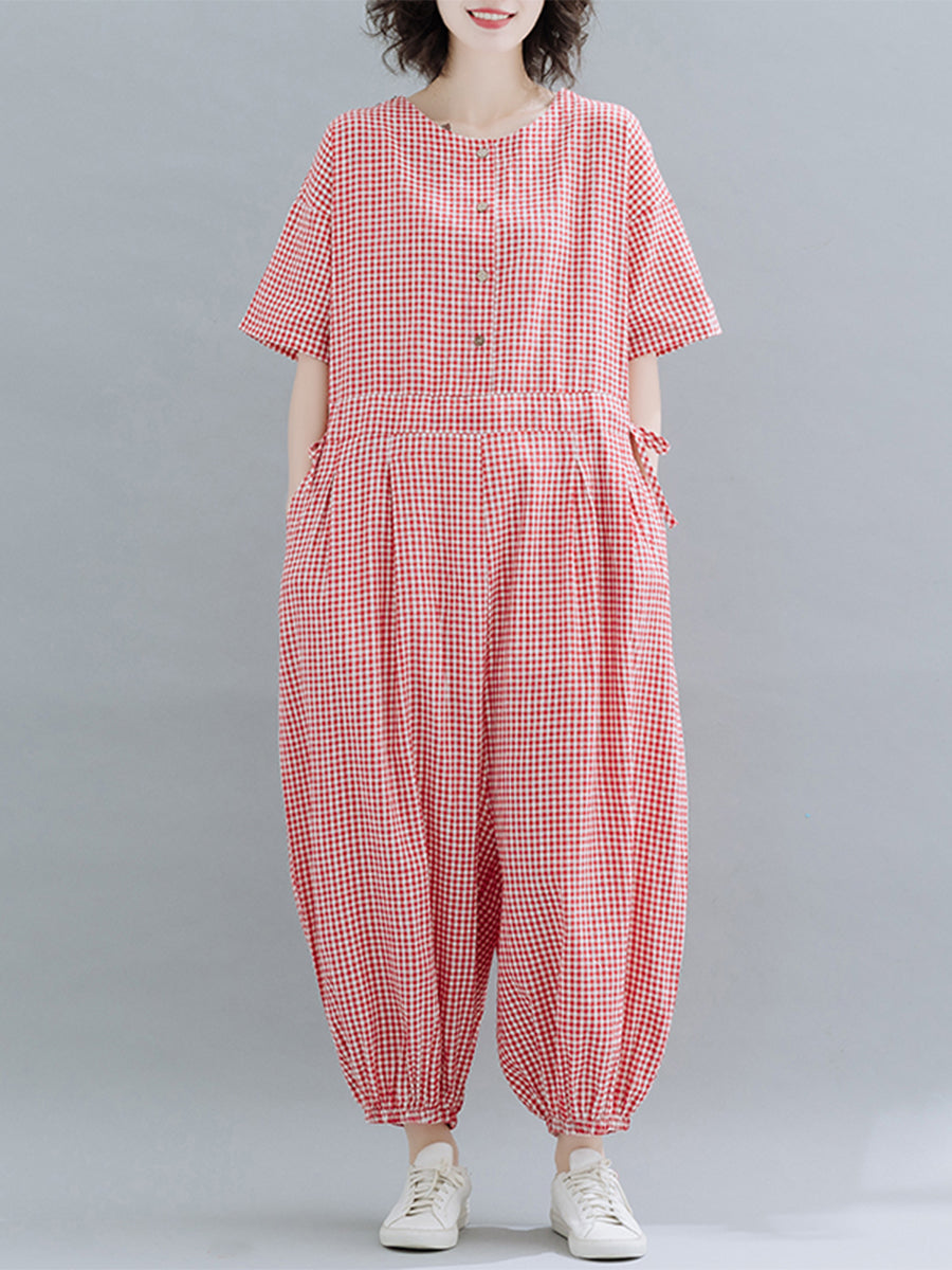 Casual checked short sleeved jumpsuit