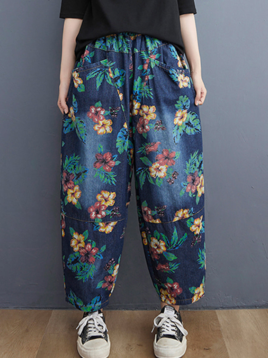 Vintage printed large pocket jeans pant